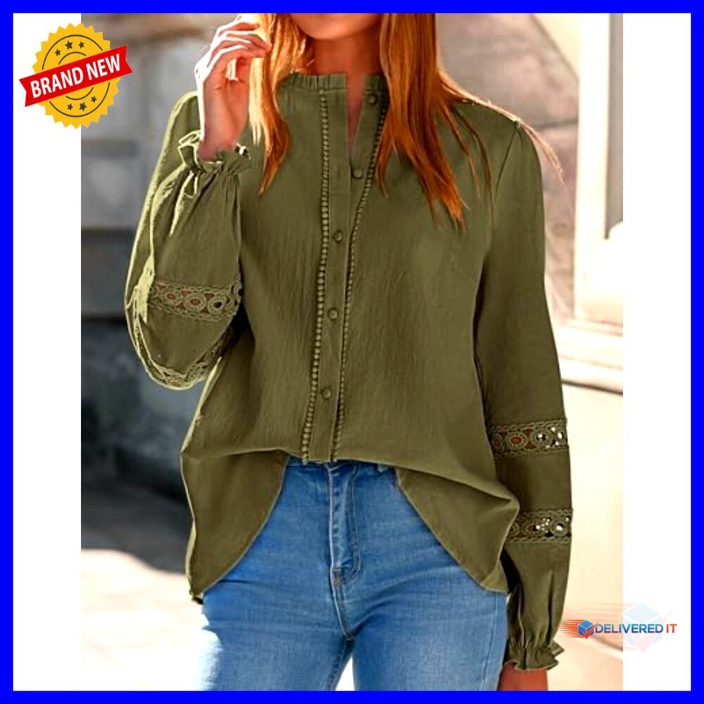Long Sleeve Cotton Eyelet Blouse, Boho Button-Up Shirt, Spring Top - Picture 4 of 7